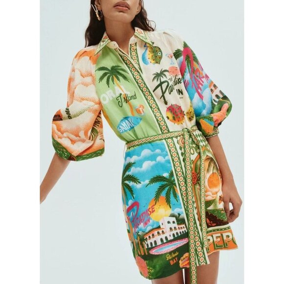 NWOT ALEMAIS Paradiso Linen Mini Shirtdress Size 6 Missing belt - Picture 1 of 16